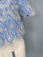 Blue & White Embroidered Puff Sleeve Lace Blouse