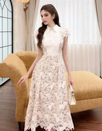 Leila White 3D Flower Embroidery Bow Lace Midi Dress