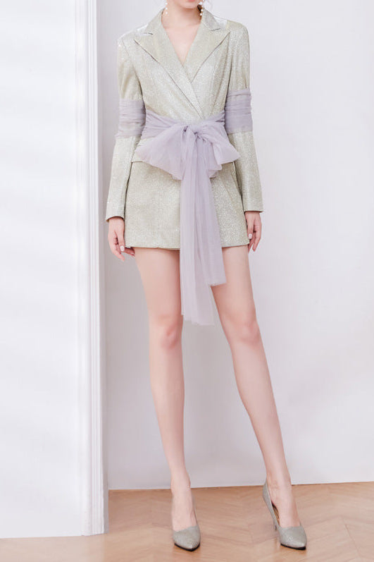 Janice Mesh Ribbon Glitter Blazer Dress In Champagne