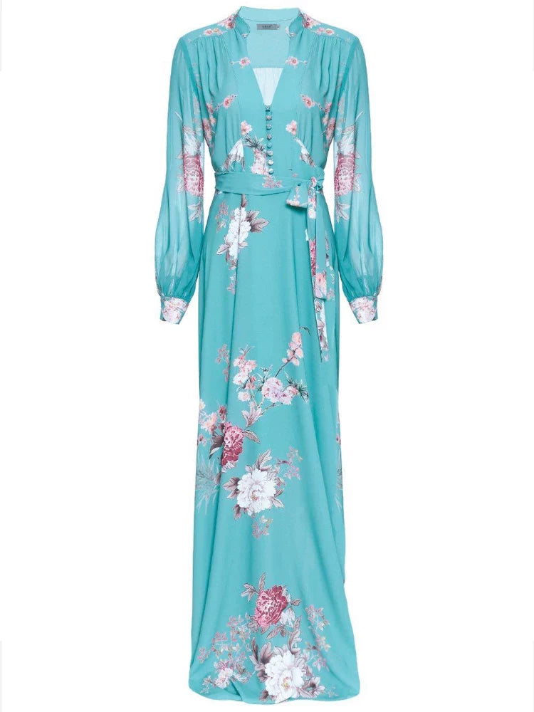 French niche floral dress slimming 2024 elegant female gentle temperament blue skirt waist long skirt ankle-length