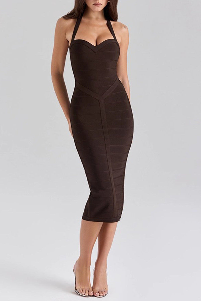 Flowering Girl Women Chocolate Halter Bodycon Midi Bandage Dress