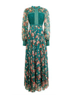 French retro green floral dress, high-end royal sister dress, dress skirt, light luxury, niche high-end long skirt women