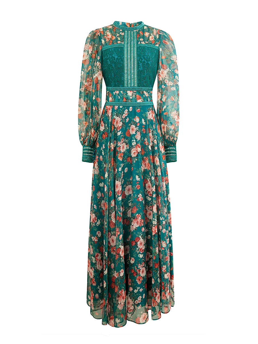 French retro green floral dress, high-end royal sister dress, dress skirt, light luxury, niche high-end long skirt women