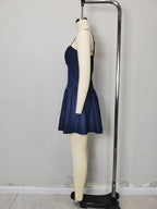 Flowering Girl Women Dark Denim Spaghetti Strap Square Neck Button Front Fit And Flare Mini Dress Summer Casual Dress