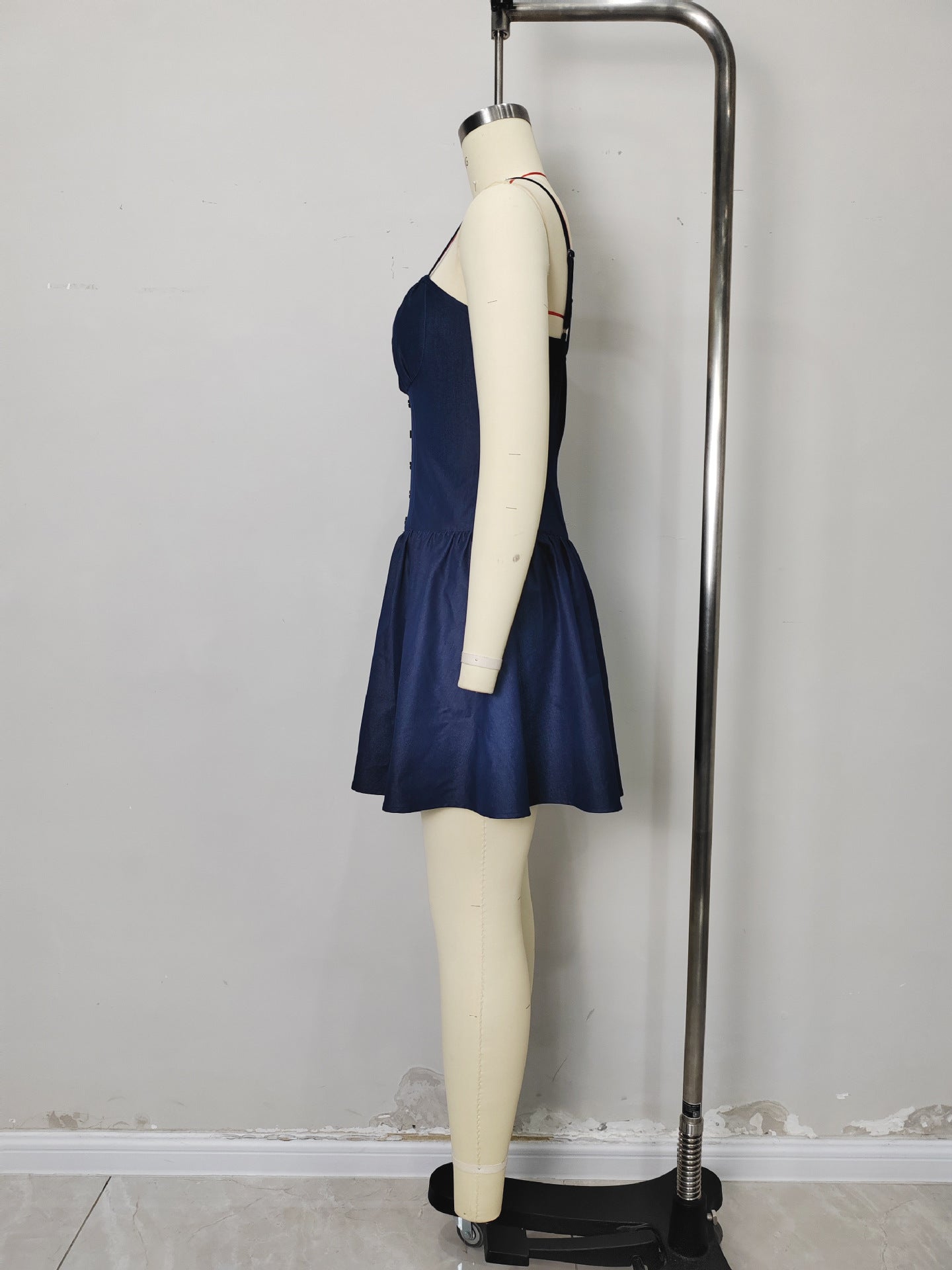 Flowering Girl Women Dark Denim Spaghetti Strap Square Neck Button Front Fit And Flare Mini Dress Summer Casual Dress