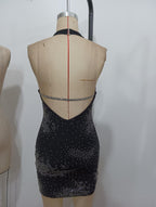 Flowering Girl Women Alison Halter v-Neck Sequin Bodycon Mini Dress In Black