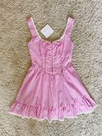 Flowering Girl Women plaid wave lace tie waist-cinching cotton dress