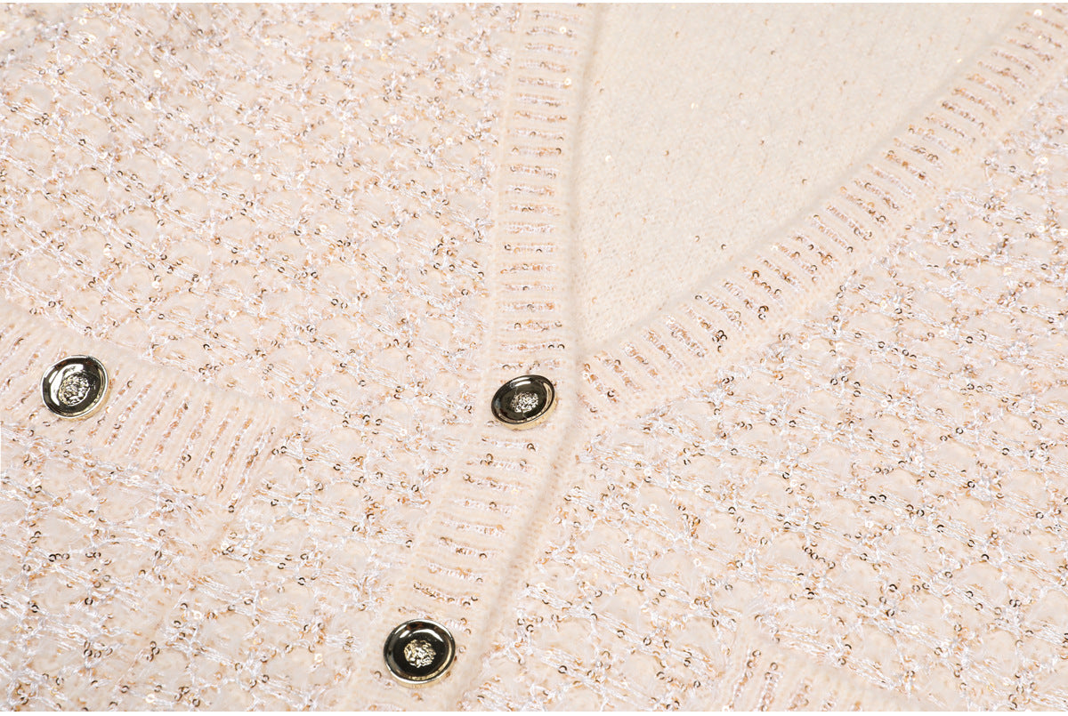 Flowering Girl Women sequin knit v-neck cardigan in beige