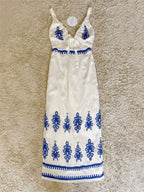 Front Tie V-Neck Ethnic Blue Print Spaghetti Strap Midi Dress