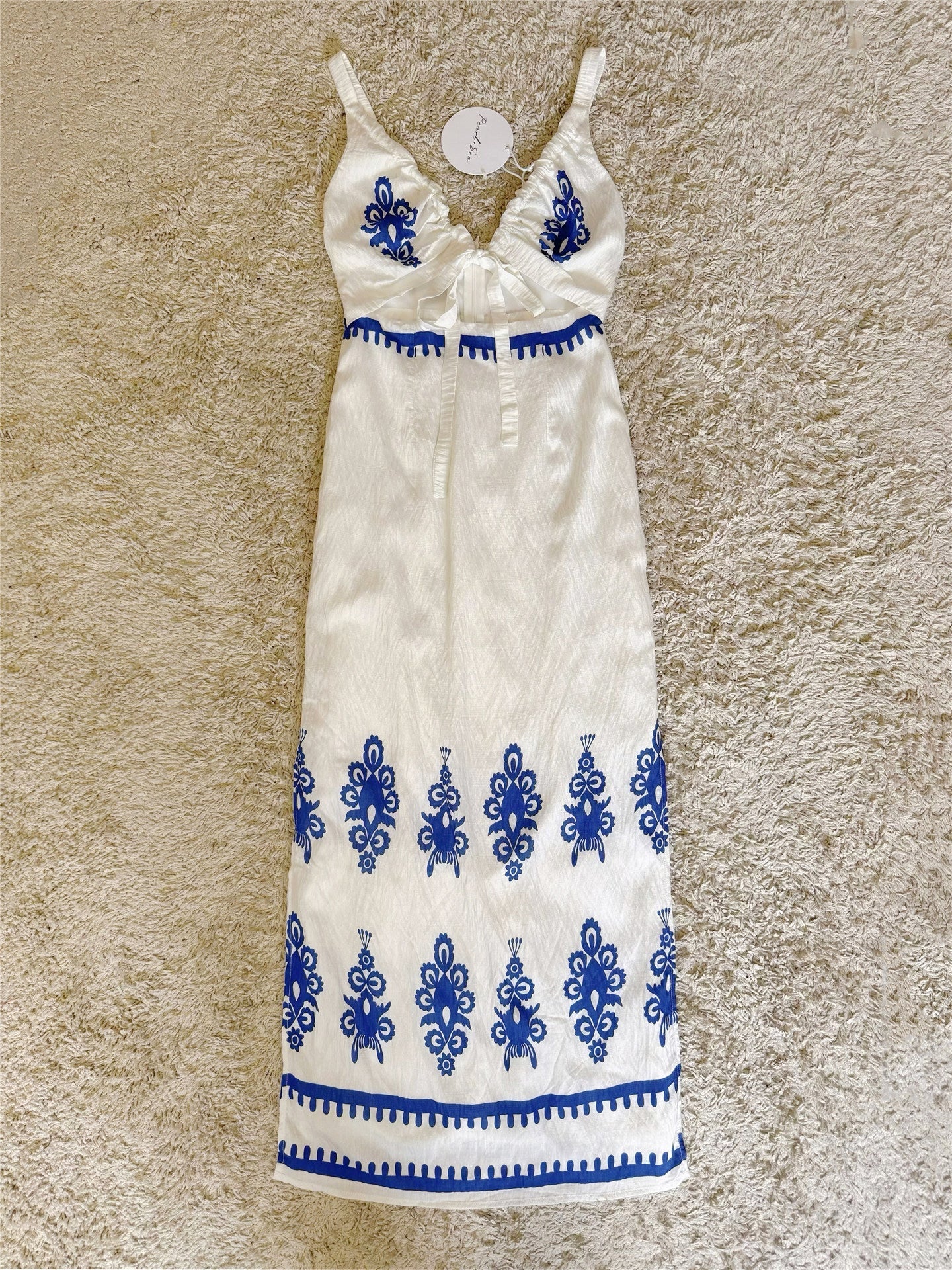 Front Tie V-Neck Ethnic Blue Print Spaghetti Strap Midi Dress