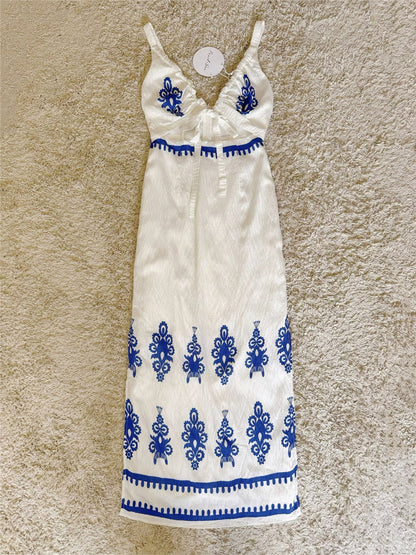 Front Tie V-Neck Ethnic Blue Print Spaghetti Strap Midi Dress