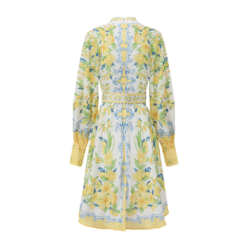 Lemon Floral Single-Breasted Midi Dress With Belt - yellow
