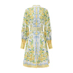 Lemon Floral Single-Breasted Midi Dress With Belt - yellow
