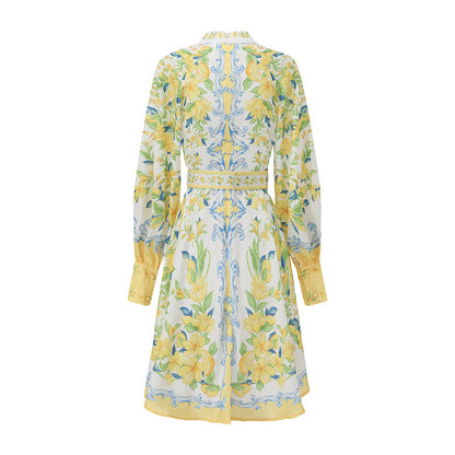 Lemon Floral Single-Breasted Midi Dress With Belt - yellow