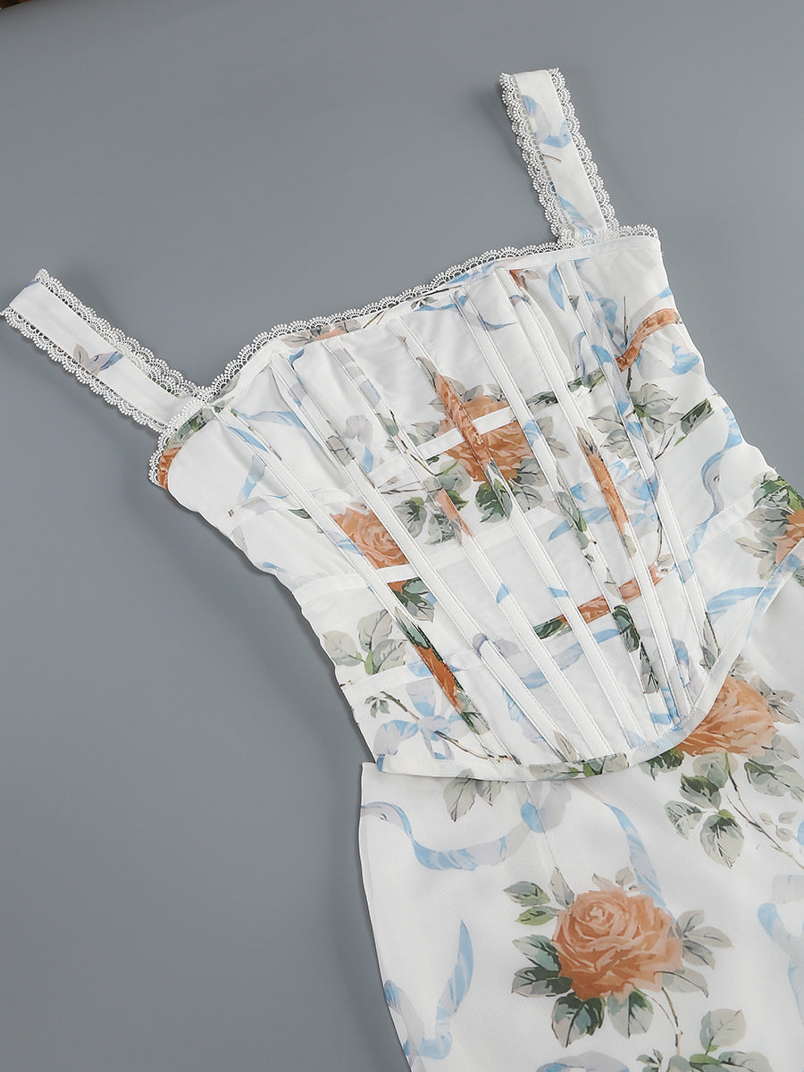 Flowering Girl Women Phoenix White Floral Print Fitted Corset Maxi Dress