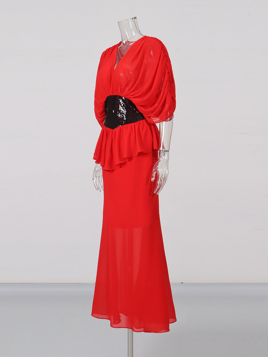 Flowering Girl Women yvette v-neck fishtail bodycon maxi dress - red