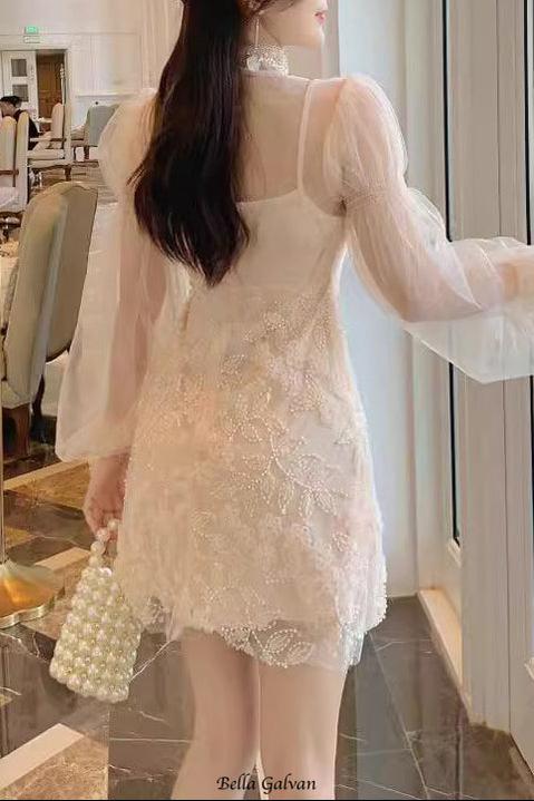 Flowering Girl Women jennifer floral bead embroidery tulle mini dress in apricot