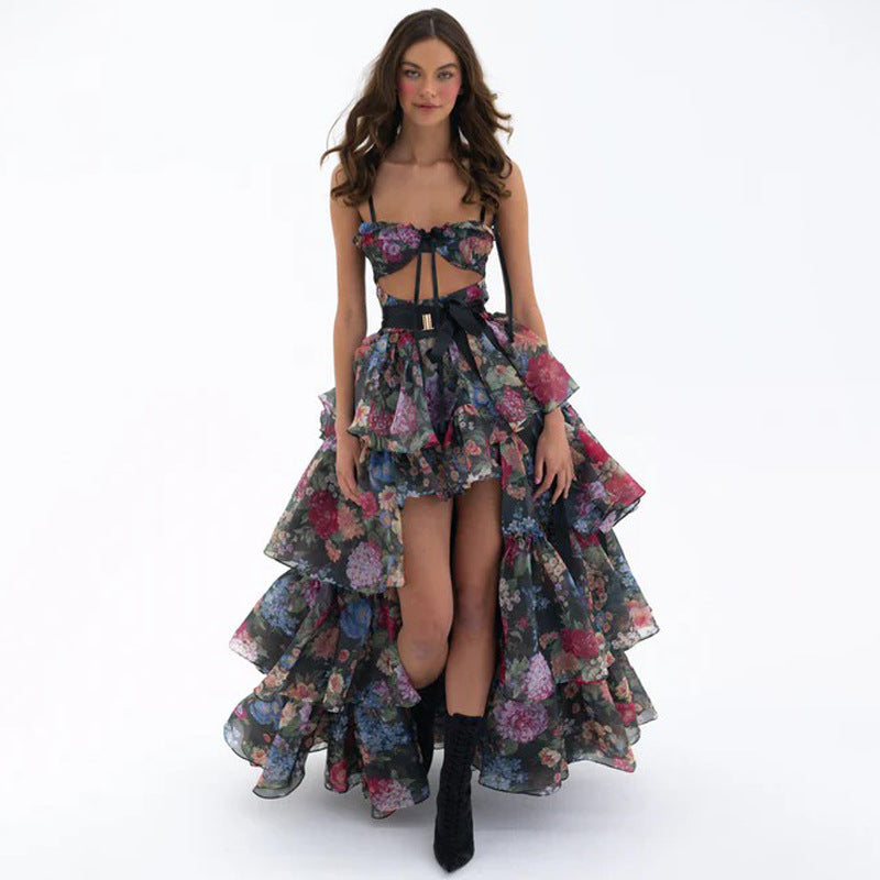 carlin floral print cutout layer maxi dress