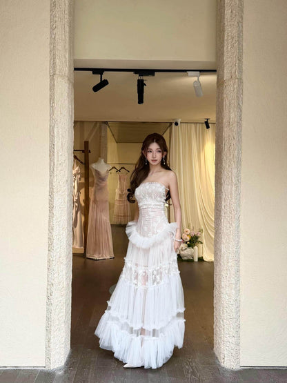 hermosa Lace splicing layer maxi dress in white