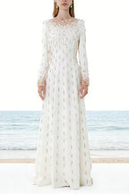 Flowering Girl Women white long sleeve beaded diamond maxi dress