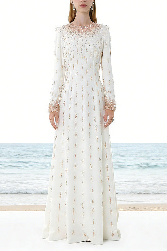 Flowering Girl Women white long sleeve beaded diamond maxi dress
