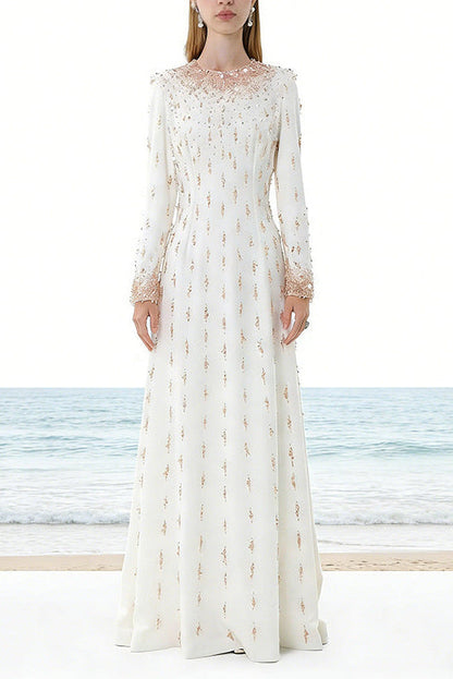 white long sleeve beaded diamond maxi dress