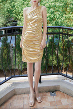 Frederica One-Shoulder Ruched Bodycon Mini Dress - Gold
