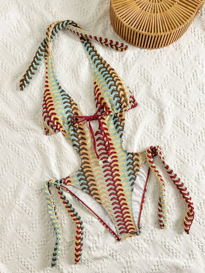 vintage wave stripe halter swimsuit