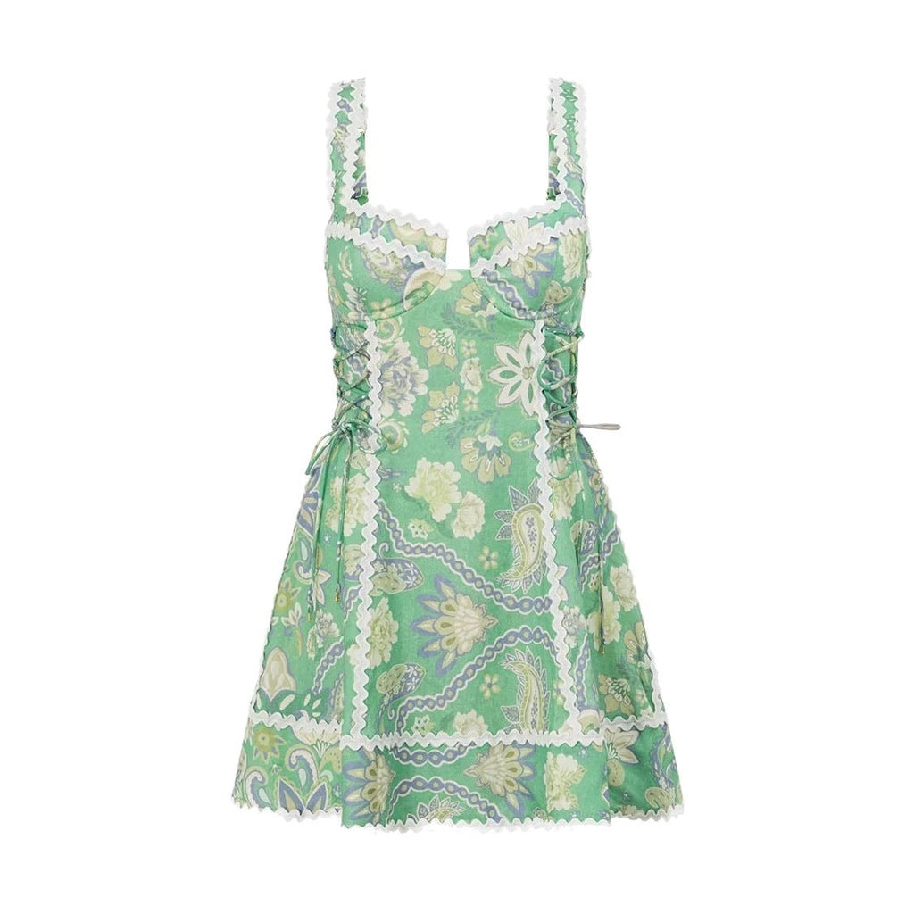 green linen sleeveless camisole lace dress