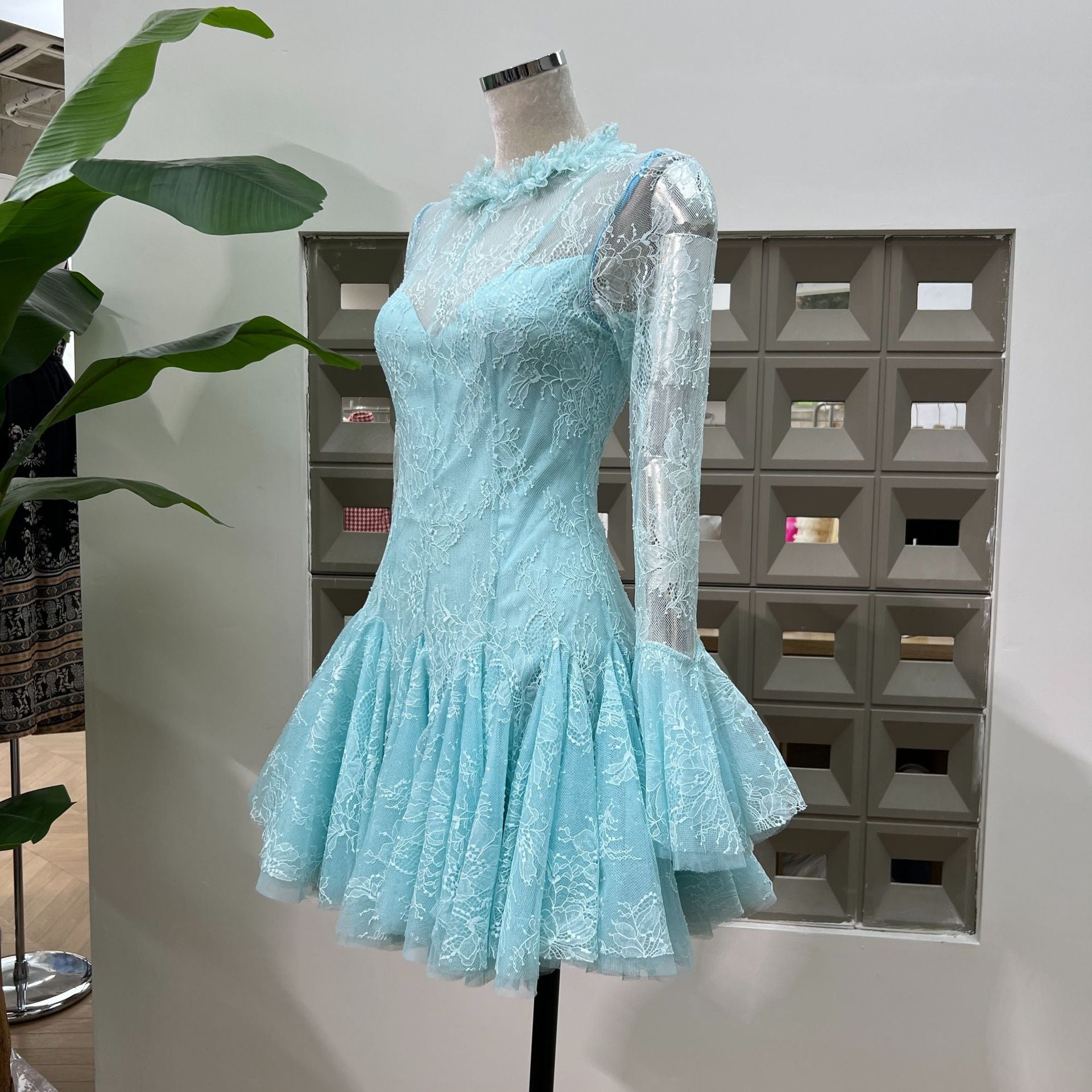 blue  Embroidered Flared Mini Dress