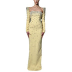 Flowering Girl Women purple square neck long sleeve nail bead diamond maxi dress