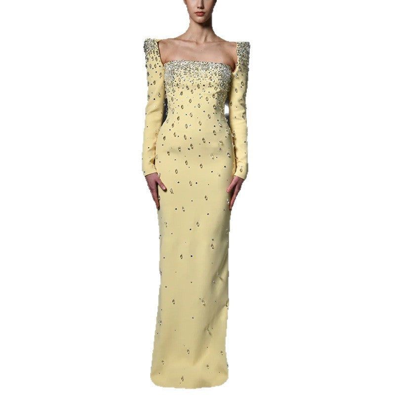 Flowering Girl Women purple square neck long sleeve nail bead diamond maxi dress