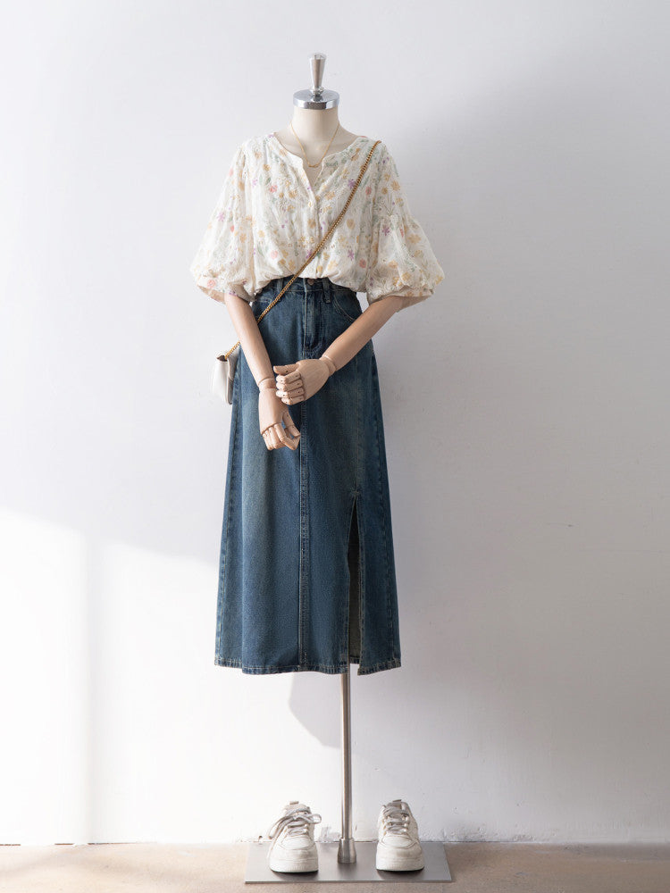 Flowering Girl Women Vintage High Waist Straight Cut Denim Midi Skirt Casual Loose Long Jean Skirt