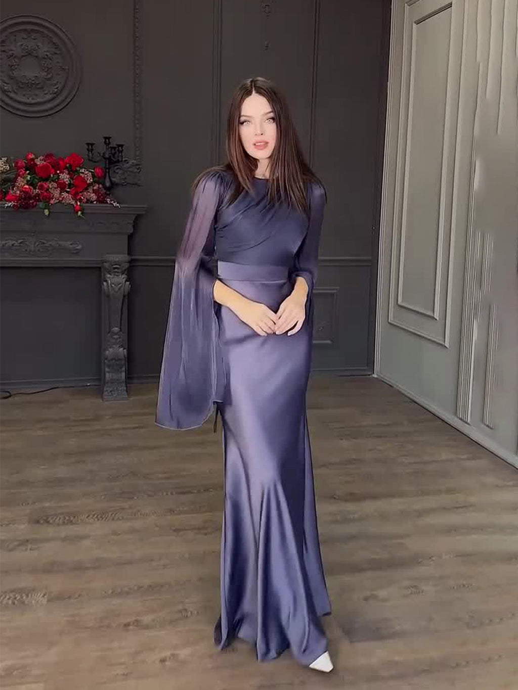 Flowering Girl Women Spliced Glass Tulle Large Swing Sleeve Long Satin Slim Fit Dress