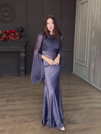 Flowering Girl Women Spliced Glass Tulle Large Swing Sleeve Long Satin Slim Fit Dress