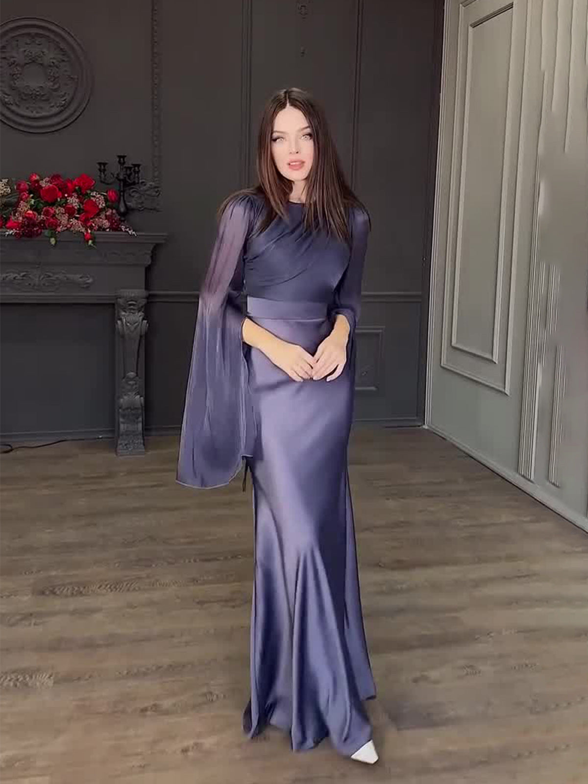 Flowering Girl Women Spliced Glass Tulle Large Swing Sleeve Long Satin Slim Fit Dress