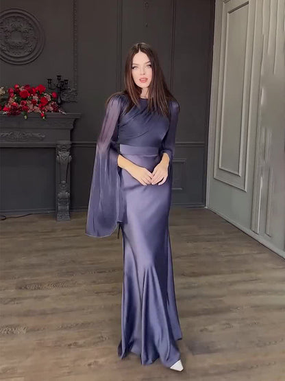 Spliced Glass Tulle Large Swing Sleeve Long Satin Slim Fit Dress