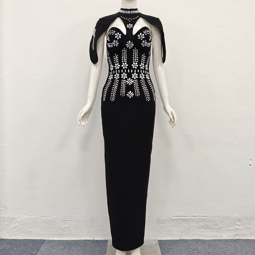 Sibyl Black Shawl-Embellished Diamond Bandage Maxi Dress