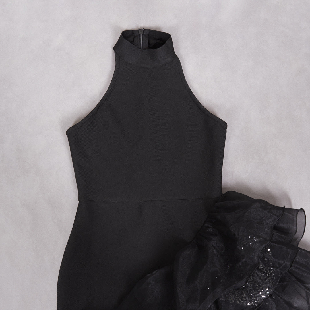 Flowering Girl Women Halter Sleeveless Sequin Ruffle Trim Maxi Dress In Black