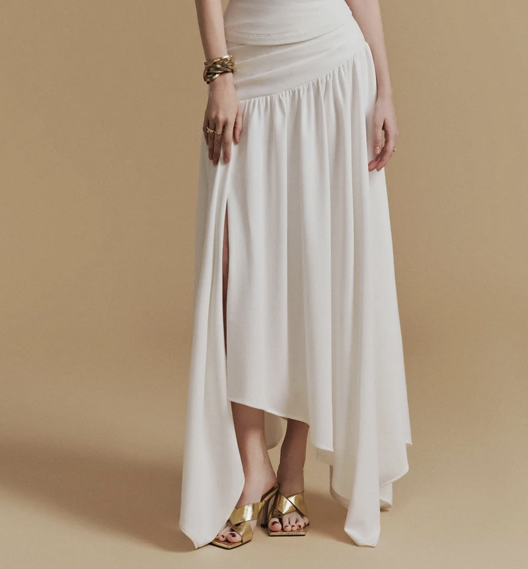 Flowering Girl Women CASSIA Asymmetrical ruched top Midi Skirt set in white
