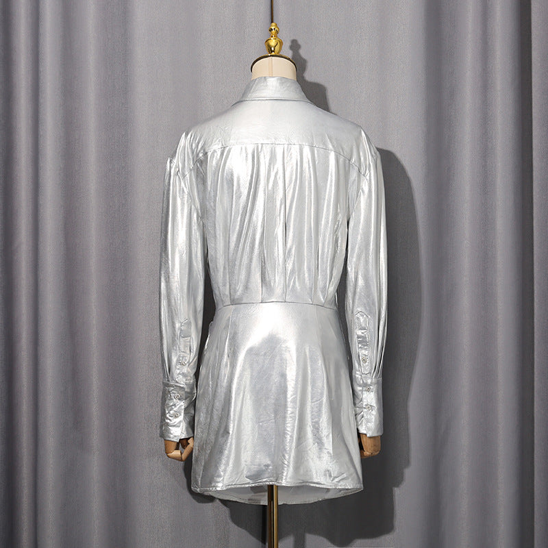 Maud Metallic Pleated Shirt Mini Dress In Silver