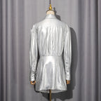 Maud Metallic Pleated Shirt Mini Dress In Silver