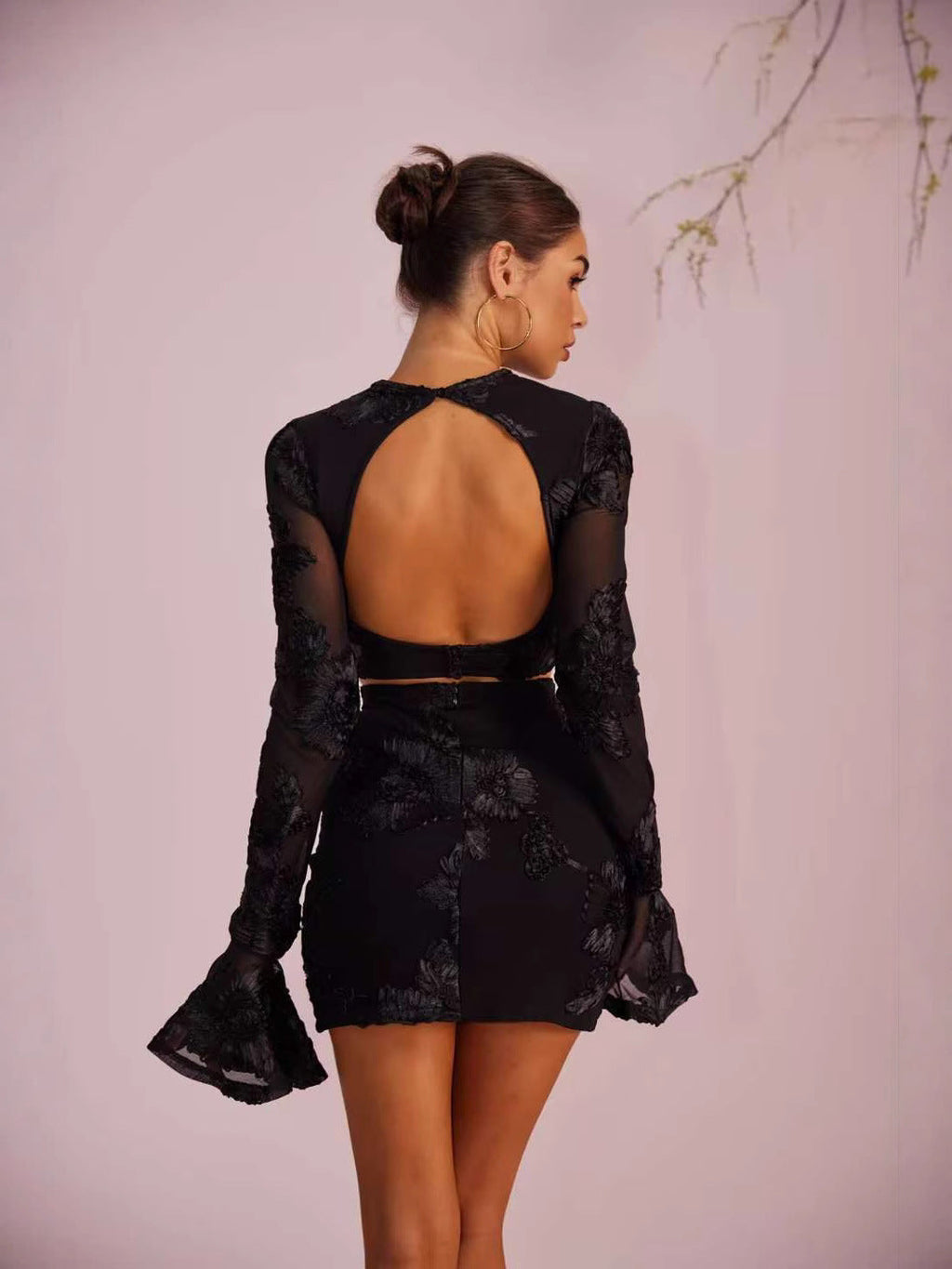 Black 3D Floral Mesh Long Sleeve Mini Dress With Back Cutout