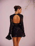 Black 3D Floral Mesh Long Sleeve Mini Dress With Back Cutout