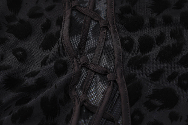 Flowering Girl Women Lace Up Leopard Printed Mesh Jumpsuit