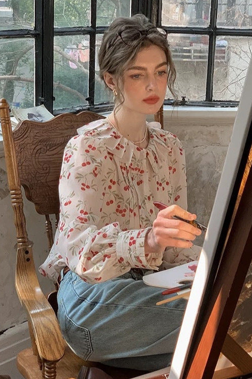 Silk Pressed Crepe Collar Lantern Sleeve Shirt Top