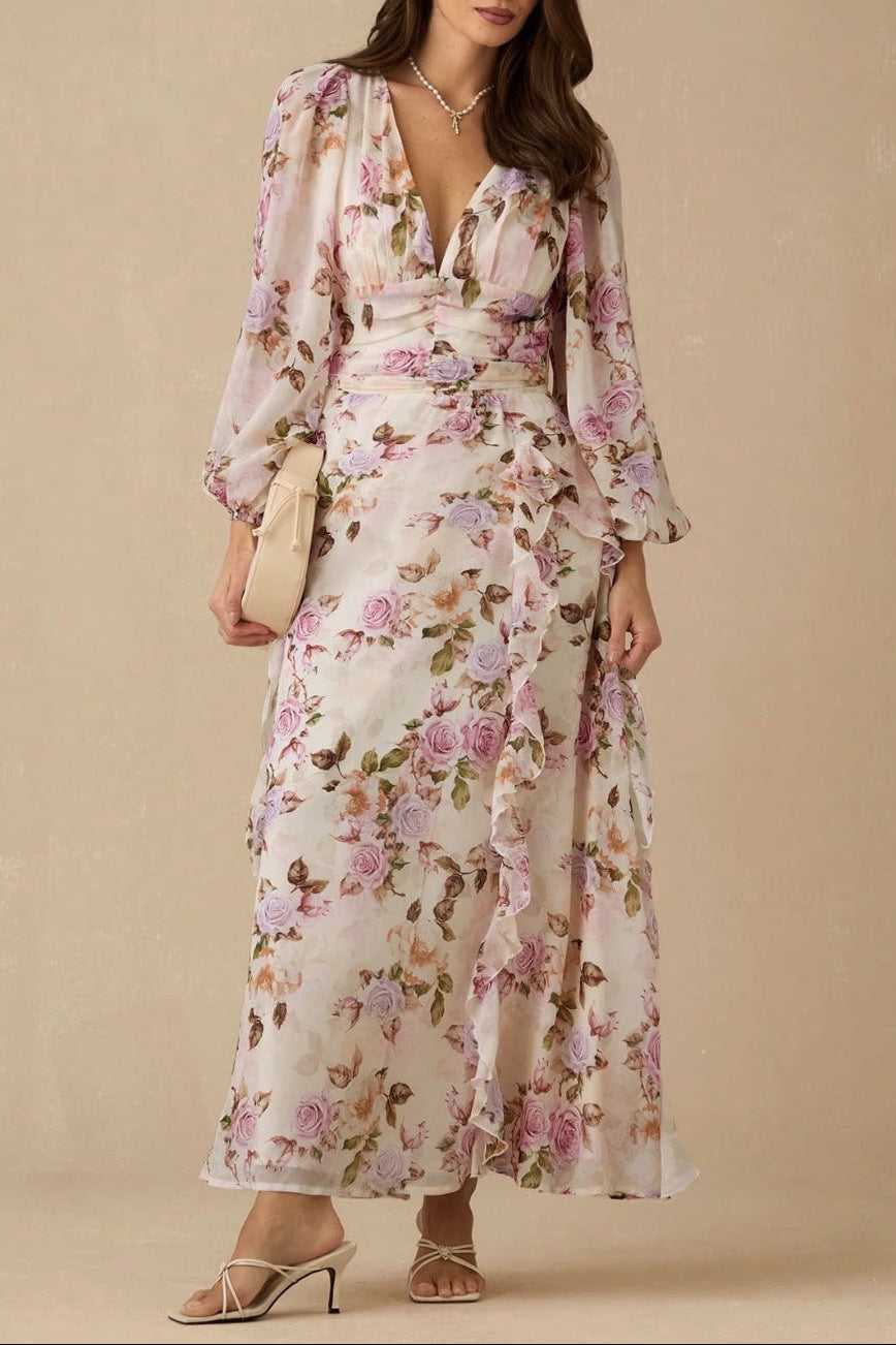Victoria Multicolor v-Neck Floral Print Puff Sleeve Maxi Dress