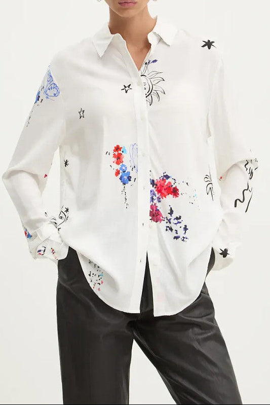 White Sun & Star Print Oversized Long Sleeve Shirt