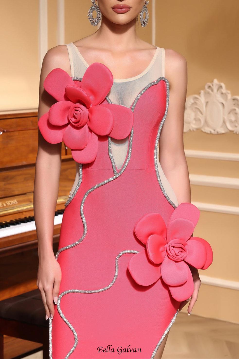Diamond 3D Flower Sequin Bandage maxi Dress in rose red