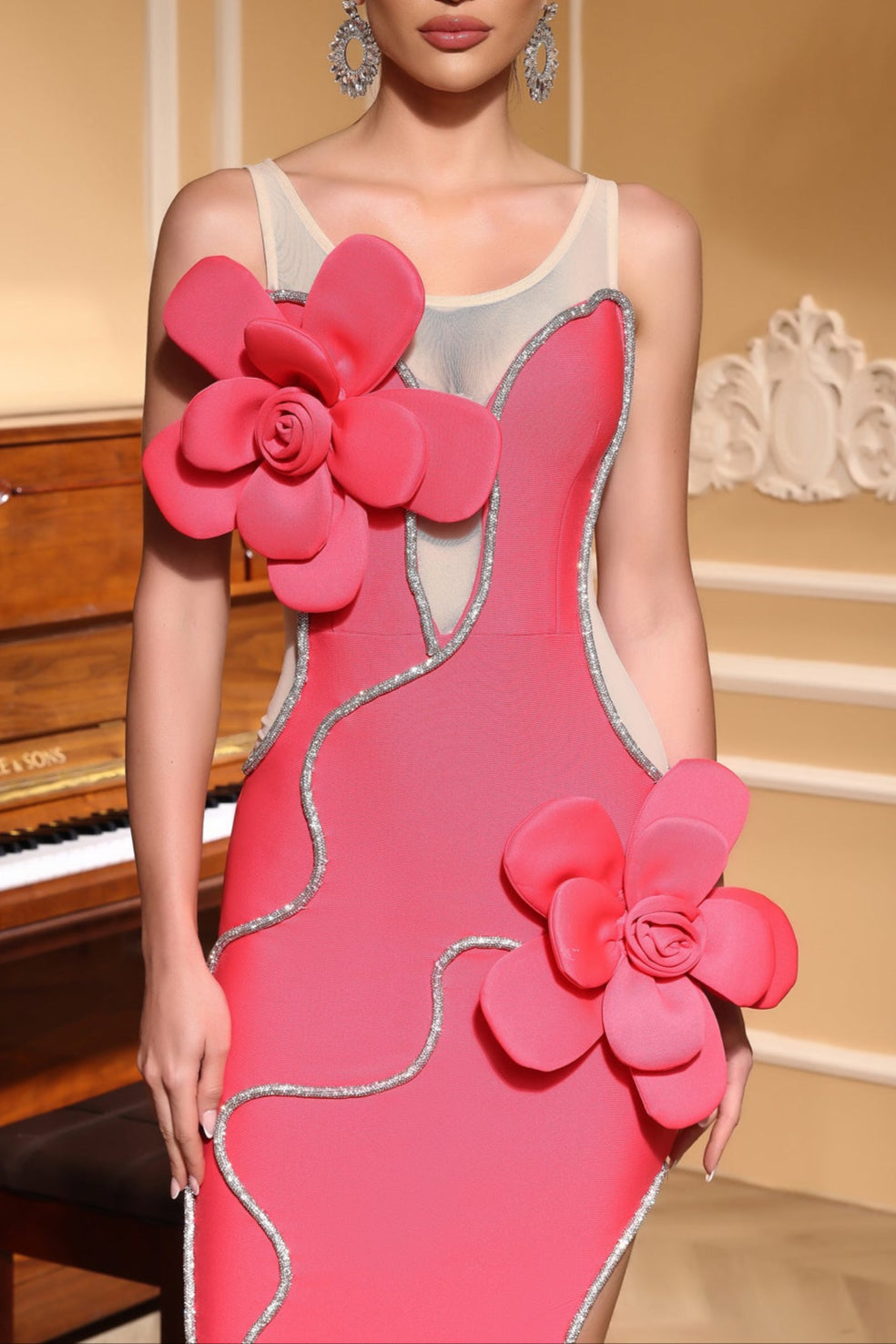 Flowering Girl Women Diamond 3D Flower Sequin Bandage Maxi Dress In Rose Red